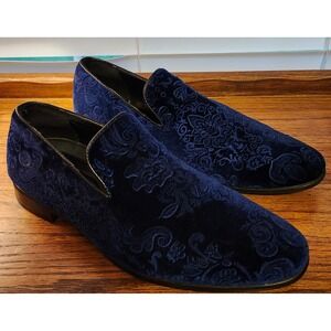 Bolano Mens Navy Blue Velvet Paisley Embossed Loafers Smoking Slippers Size 11M